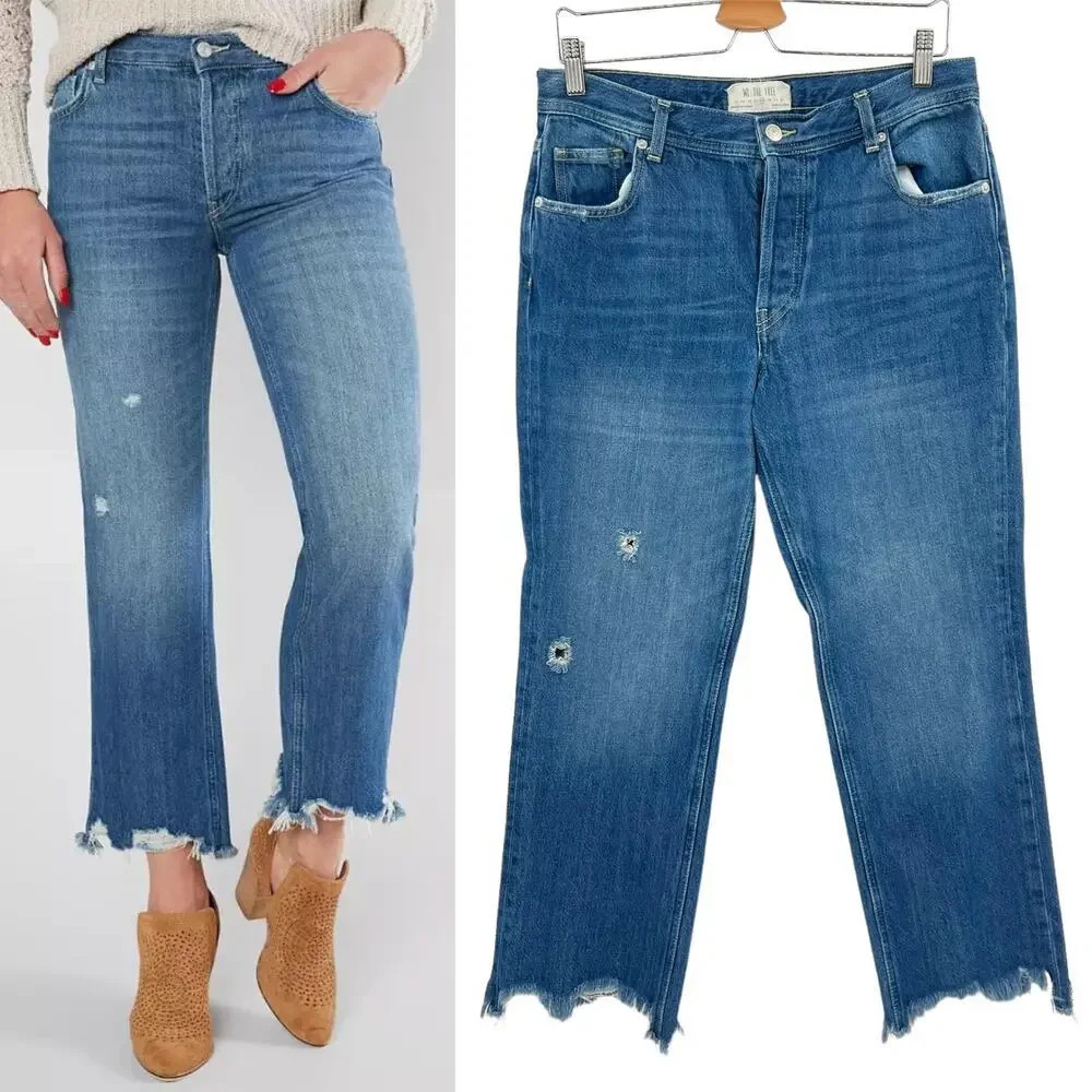 Free People Maggie Straight Jeans Sequoia Blue Denim Size 28